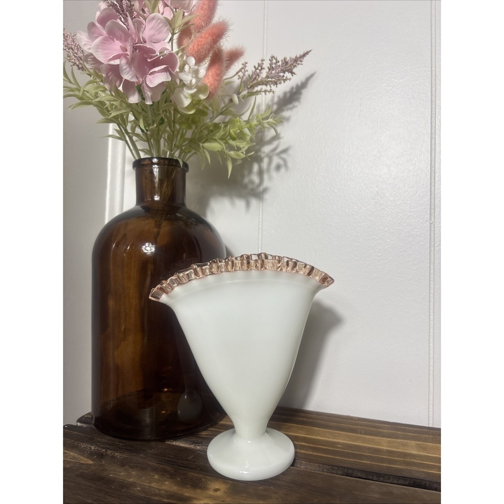 Fenton Milk Glass Pink Rose Crest Ruffled Fan Vase 6.75" Coquette Girlie